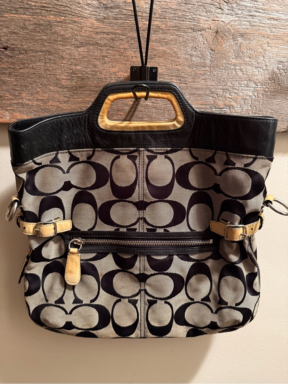 Coach Bonnie Signature Foldover Crossbody Black Gray Canvas Bag Vintage